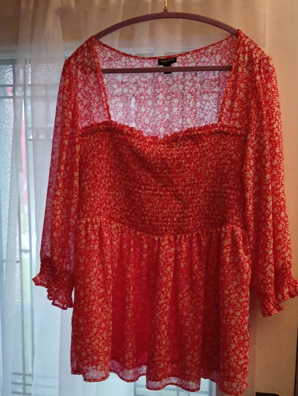 torrid Red Floral Smocked Square-Neck Long Sleeve Dress